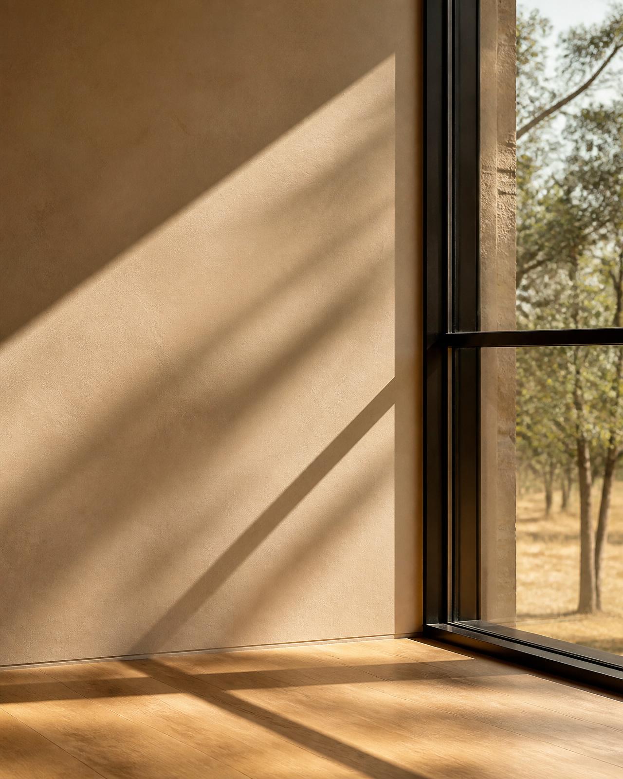 Diagonal light on a warm plaster wall and white oak floor. Illustrative light study.